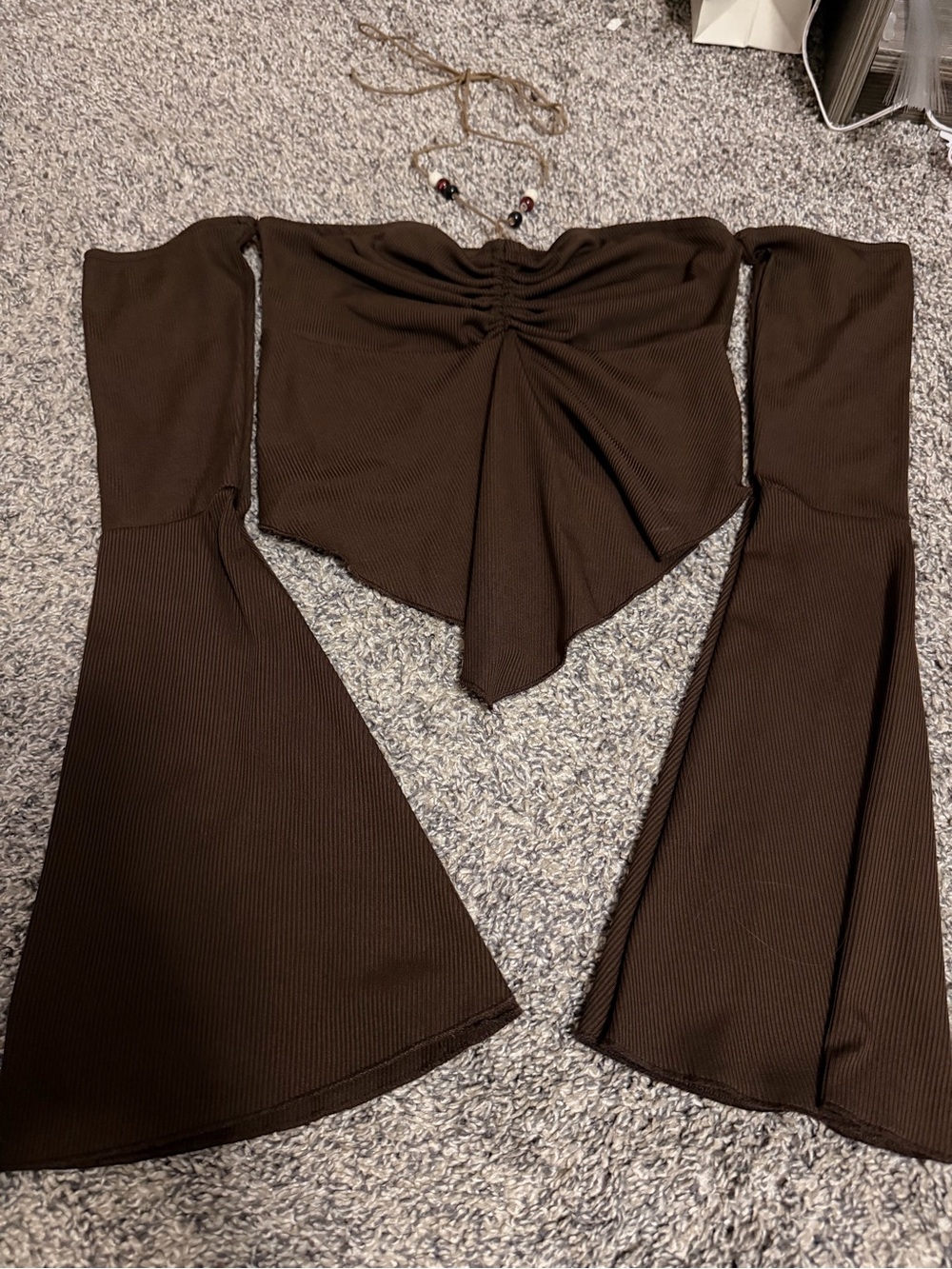 Brown Ribbed Off-Shoulder Bell Sleeve Top